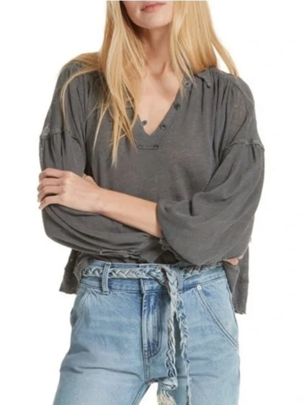 Free People We The Free Gray Rush Hour Linen Cotton Long Balloon Sleeve Shirt MD